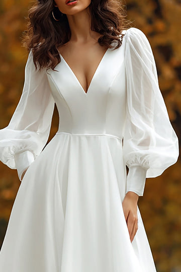 Simple V-Neck A-Line Long Sleeve Ivory Wedding Dress